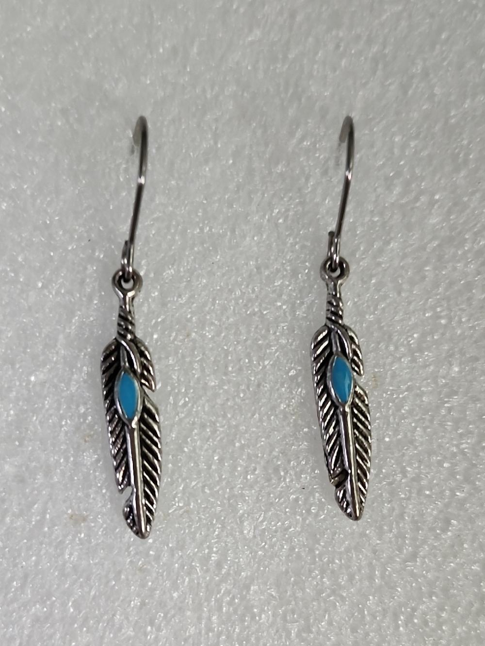 Hand Crafted Silver Feather Earrings with Turquoise Blue Accent - Women Jewelry